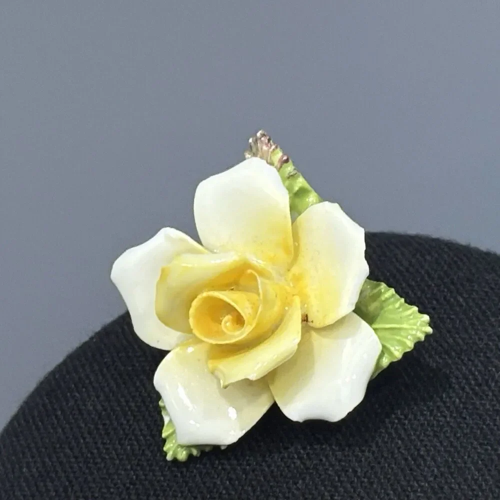Vintage Porcelain Flower Brooch Made In England Yellow White Rose Bone China